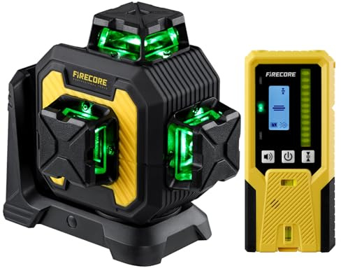Firecore Nivel Láser Autonivelante de Construcción 360° x 3 con Receptor, Lazer Nivel de 12 Líneas con Batería de Litio Recargable, Autonivelación y Modo de Pulso para Uso en Exteriores