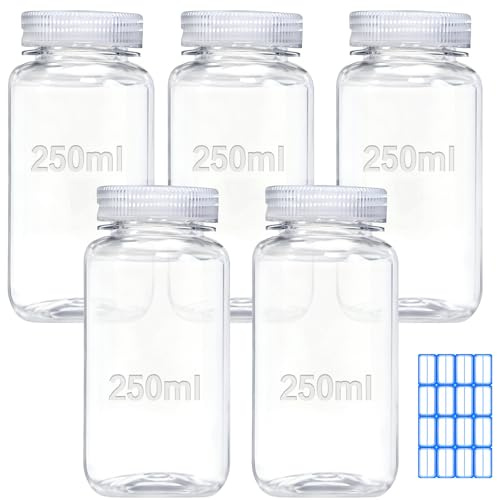 qjuwhua 5 stycken bred halsflaska 250 ml laboratorieflaska tom plastflaska för fyllning liten plastflaska läckagesäker transparent med bred öppning för pillerflaskor vatten provflaskor