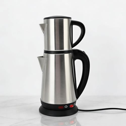 Cuifati Turkish Tekanna Uppsättning, 1L och 2L Rostfritt Stål Turkisk Te Makermaskin med Avtagbar Infusör, Elektrisk Dubbel Vattenkokare Tekanna för Hem med 12 Koppar Kapacitet, 1800w (EU)