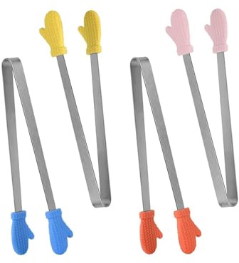 FUGLUS 4 Pezzi Mini Pinza Silicone Ghiaccio, 12.5cm Mini Forma Mano Pinza Cucina, Antiscivolo Pinze Forma Mano per Zucchero in Acciaio Inox Silicone, per Contenere Dessert (13.3 * 6.6cm)