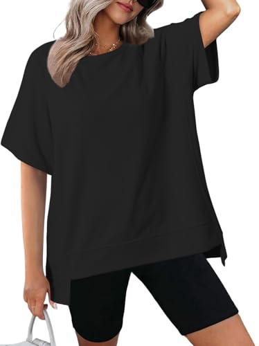 Cuptacc T-shirt dam oversize topp dam sommar rund hals halva ärmar toppar vår oregelbunden fåll lätt sweatshirt, svart, S
