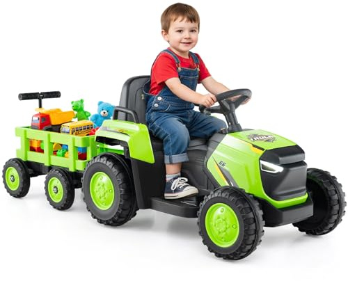 COSTWAY Tractor Eléctrico para Niños 12V, Coche Eléctrico para Niños con Remolque Desmontable, Mando a Distancia, Faros LED y Música, Tractor Juguete a Batería para Niño de 3 a 8 Años (Verde)