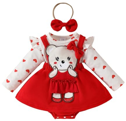 2026 Valentine’s Day Baby Girl Cartoon Bear Heart Long Sleeve Triangle Dress Cute Red Bow (Red, 3-6 Months)