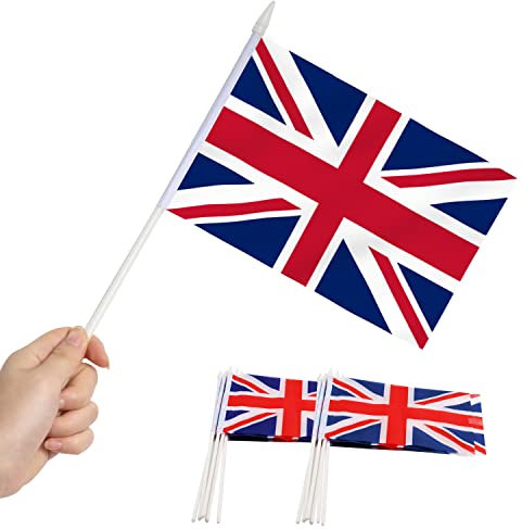 Anley British Union Jack UK Mini Flag 12 Pack - Hand Held Small Miniature Great Britain Flags on Stick - Fade Resistant & Vivid Colors - 5x8 Inch with Solid Pole & Spear Top