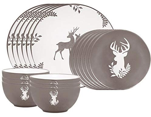 Christmas Dinner Set 18 Piece Grey Reindeer Crockery Dishwasher Microwave Safe