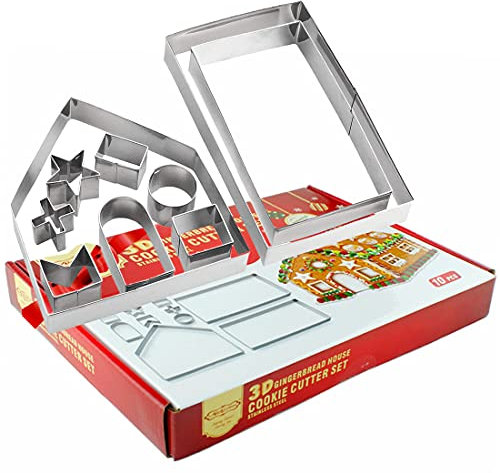 HONGECB formine per biscotti natalizi 3D, Natale Taglierine del Biscotto, Natalizi Stampi in Acciaio Inossidabile, casetta di pan di zenzero Biscotti Stampo, per decorazioni in Pasticceria, 10 pezzi
