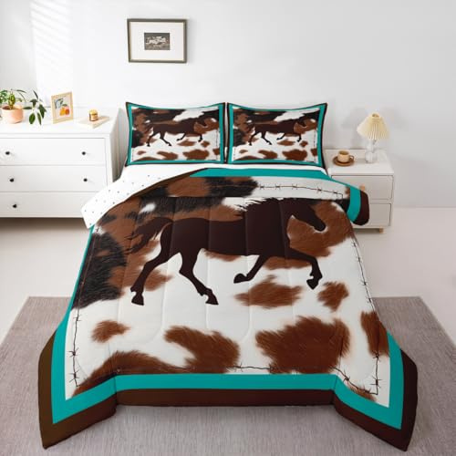 Set med hästbäddset rustik västerländsk cowskin tryck täcke för pojkar flickor sovrum dekor retro bondgård häst blågrön blå brun påslakanset drottning storlek med 1 örngott