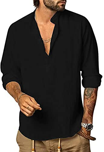 YAOHUOLE Mens Cotton Linen Shirt Beach Roll Up Hippie Shirt Casual Long Sleeve Solid with Pocket Black XL