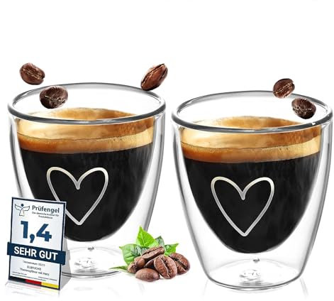 ElbFuchs® Espressotassen Set HERZ [2x 80ml] Doppelwandige Espresso Gläser Set | Thermogläser doppelwandig | Ausgefallene Espressotassen Glas ohne Henkel für alle Espressomaschinen