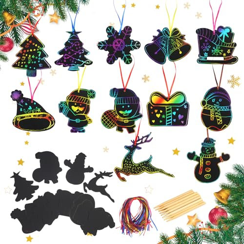 LAITER 48 Stück Weihnachten Kratzbilder Basteln Kinder Weihnacht Kratzpapier Bastelset Regenbogen Scratch Art mit Holzstiften Bändern für Junge Mädchen Weihnachtsdeko Weihnachtensgeschenk