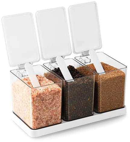 Belle Vous Lot de 3 Bocaux à Condiments Carrés - Pot a Epices Hermetique avec Couvercle et Cuillère réutilisables - Bocal à Épices de Stockage et Rangement pour la Cuisine - Sel et Sucre
