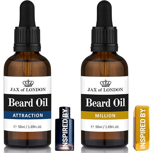 Jax of London Beard Oil Gift Set for Men – Sweet & Fresh Bold Inspired Fragrances – Softens, Conditions & Hydrates Beard – Non-Greasy Grooming Oils – Made in UK – 2 x 50ml Million and Attraction