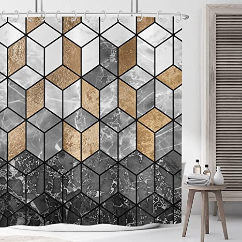 ASDCXZ Marmor Duschvorhang 90x180 cm, Modern Leichter Luxus Schwarz Gold Grau Marmor Optik Bad Waschbar Duschvorhänge Polyester Textil Wasserdicht Badevorhang für Badewanne mit 6 Haken