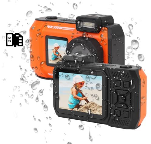 Caméra étanche 4K 65 MP, Caméra sous-Marine 33 Pieds, Appareil Photo Numérique sous-Marin Double écran 2,88 Pouces 1,44 Pouces, Zoom Optique 10x, Batterie 2500 MAh (Orange)