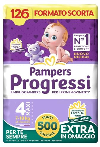 Pampers Progressi Maxi, Taglia 4 (7-18 kg), Formato Scorta, Indicatore di Bagnato, Pelli Delicate, Linguette Rinforzate, Anti-Fuoriuscite, 126 Pannolini Bambino + 500 Punti Omaggio