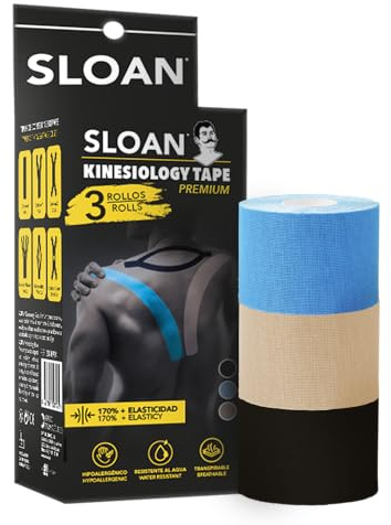 PACK Sloan® KINESIO BEIGE-NEGRO-AZUL 5m*5cm Cinta kinesiologica deportiva adhesiva elastica, Hipoalergenica, Transpirable y Resistente al agua.