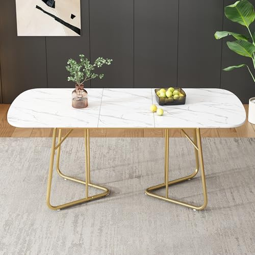 Merax Esstisch ausziehbar, erweiterbarer Esstisch oval mit Marmorstruktul, 140/180 * 80 cm, 4–6 Person, Marmor+Gold