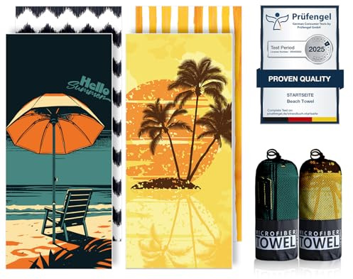 Microfibre Beach Towels for Adults - 200x90cm 2 Pack Extra Large Beach Towels in Gift Boxed, 250 GSM, Sand Free, Lightweight & Quick Dry Beach Towel for Swim, Travel and Gym(Umbrella & Coconut Tree)
