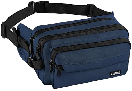 AGPTEK Sac Banane Homme Femme Grande Capacité, Outdoor Sport Voyage | Sacoche Banane de Course avec Multiples Poches et Ceinture Réglable pour Randonnée,Escalade, Jogging, Randonnée, Bleu Marine