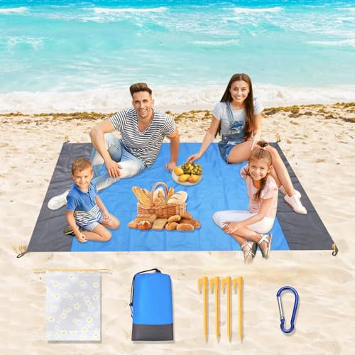 TAIXING Beach Blanket Picnic Blanket 210 x 200cm, Beach Blanket Waterproof Sandproof, Lightweight & Portable, Beach Mat Sand Free for Beach Camping Hiking Picnic with 4 Anchor Stakes & 2 Storage Bag