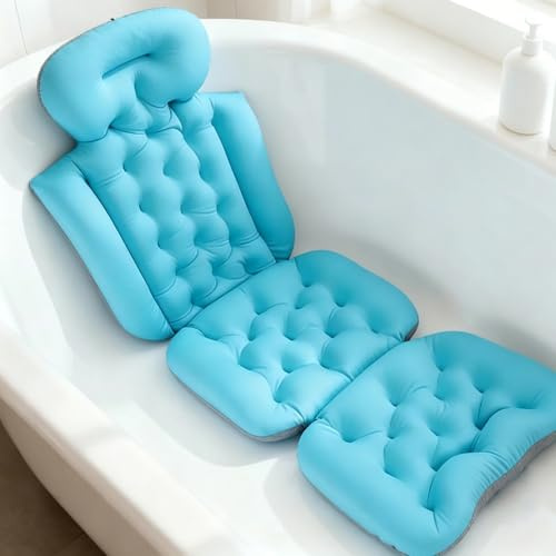 Culnflun Oreiller de bain complet de 132 cm avec ventouses puissantes, convient à tous les types de baignoires pour soutenir la tête et le cou, antidérapant, amovible et lavable (bleu)