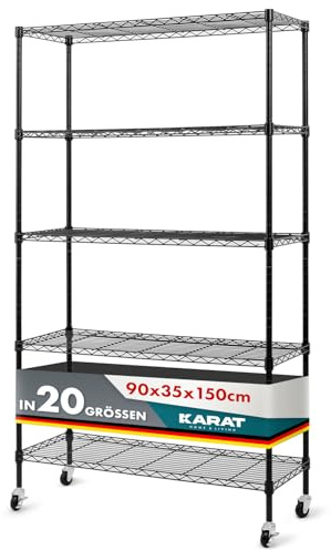 KARAT Metallregal dekoratives & Robustes Lagerregal, Kellerregal für Bad, Küche, Büro, Wohn- und Außenräume (Mit Rädern-55x35x150-chrome-maya: ⌀19mm)