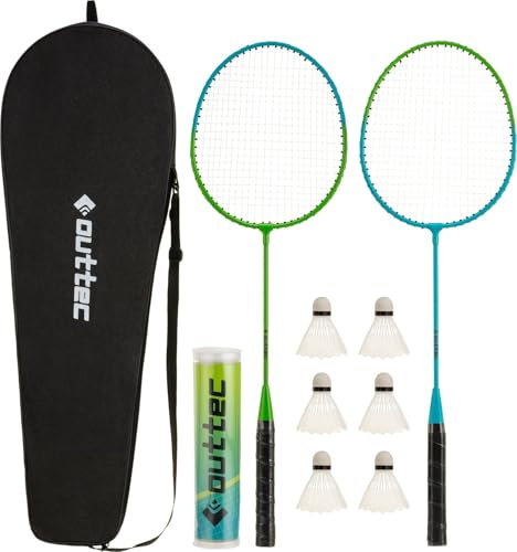 Outtec® Badminton Set – Federball Set mit 2 Badminton Schlägern, 6 Federbällen, 2-teilige Konstruktion, für Outdoor Spiele, inklusive Tragetasche – Ideal für Freizeit und Sport