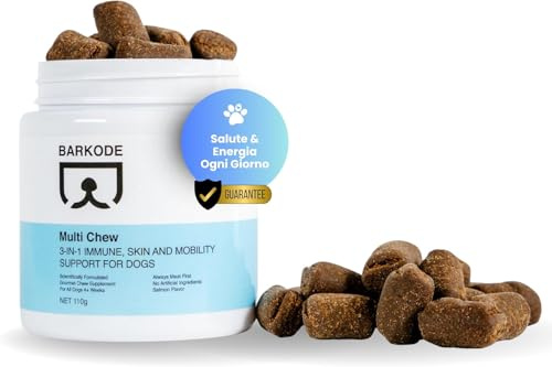 BARKODE Bocconcini Multivitaminici per Cani, 3 in 1 Vitamine per cane, Integratori per il Cane Pelle e Pelo, Sistema Immunitario, Digestione, 30 Dolcetti Morbidi al Gusto di Salmone, 110g, 6+ Mesi