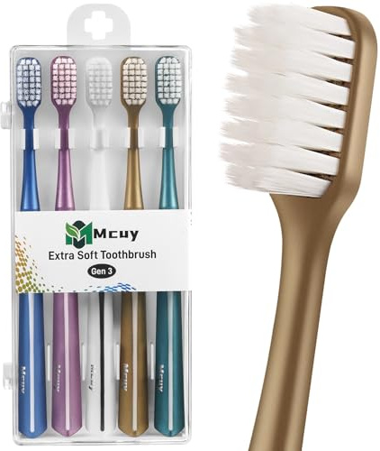 Mcuy GentleClean Pro Extra Soft Toothbrushes for Adults - Super Ultra Soft Bristles Manual Tooth Brush for Sensitive Gums, 5 Pack