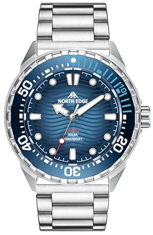 AREXTN Solar Powered Dive Watch Men’s Watch, 1000FT/300M Water Resistance, Luminous Dial, Unidirectional Bezel,Sport Diver Watch (Stainless Steel Strap)