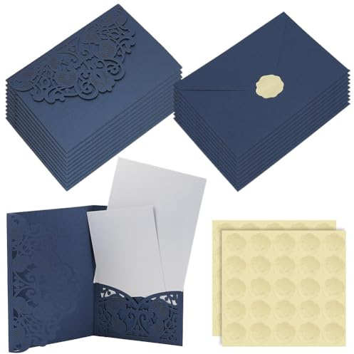 OLYCRAFT Juego de 20 invitaciones de boda cortadas con láser azul oscuro con sobres y calcomanías, kit de invitaciones de boda de tres pliegues para tarjetas de boda de 12 x 18 cm para aniversario de