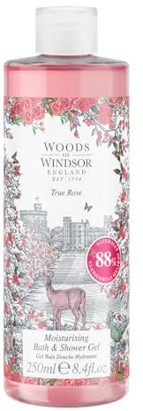 Woods of Windsor Gel da bagno e doccia Rose, gel doccia da donna con note floreali di gelsomino bianco e ylang ylang, bagnoschiuma idratante per donne con vitamina E, vero profumo di rosa 250 ml