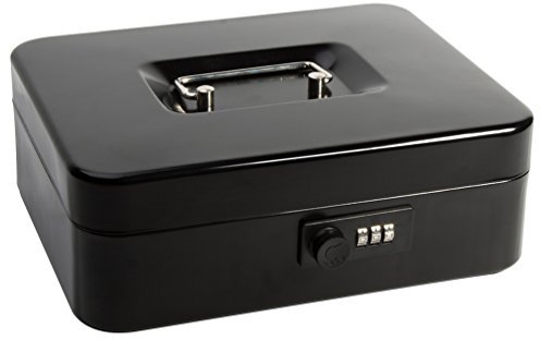 Decaller Large Cash Box with Combination Lock, Metal Money Box with Removable Tray, 9.84 x 7.87 x 3.54, Black
