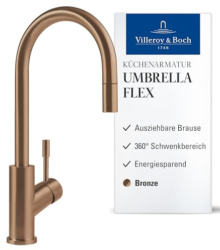 Villeroy & Boch Umbrella Flex Hochdruck-Küchenarmatur, Spülenarmatur mit ausziehbarer Handbrause und 360° Schwenkbereich, wassersparend, 220 mm Auslaufhöhe, Bronze