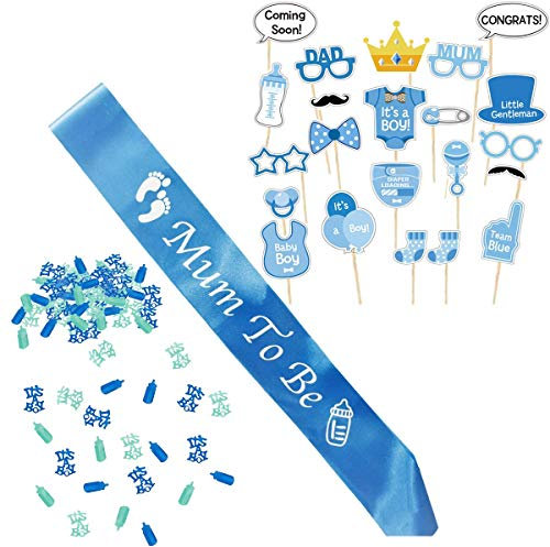 Boy Baby Shower Set and Mum to Be Party Decorations, Mummy to Be Blue Satin Sash, Baby Boy Photo Booth Props, It's a Boy Confetti Mix. Accessories Baby Shower Supplies