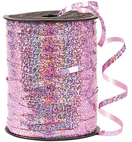 PartyWoo Geschenkband Rosa, 450 Meter/ 500 Yard Schleifenband, Ringelband, Glänzendes Ballonband, Dekoband für Ballonverschlüsse, Geschenkverpackung, Basteln, Partydeko, Hochzeitsdeko (1 Rolle)