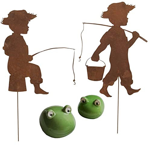 Storm's Gartenzaubereien Teichdeko 2 x Schwimmfrosch und 2 x Angler in Rostoptik zum Stecken