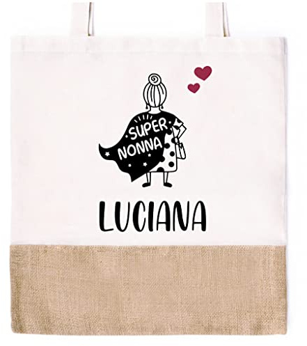 Caribu design Borsa Shopper Personalizzata con Nome Super Nonna 100% Cotone + Banda in Juta - Dimensioni 37 x 41 cm con Manici Lunghi - Idea Regalo (Super Nonna)