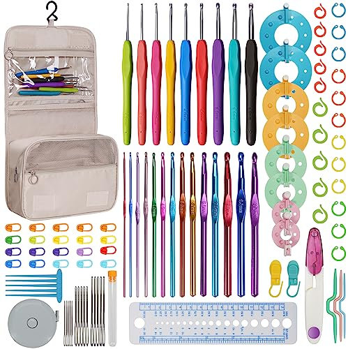 RealPlus 105-tlg Häkelnadeln set, Häkeln für anfänger, Häkeln zubehör-Maßband,Häkeln,Nadel,Schere,Markierungsklammern,U-Nadeln, Crochet hook kit Für Mutter, Schwester, Freundin
