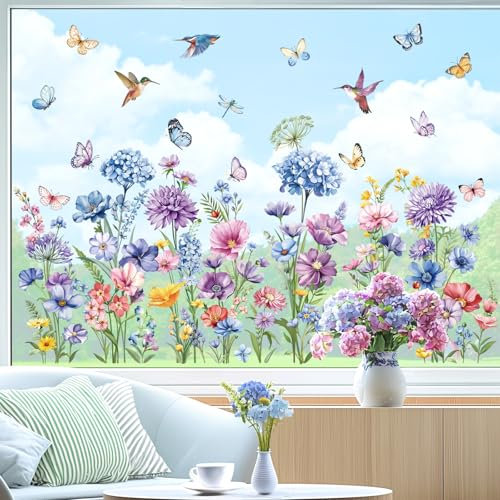 decalmile Summer Wildflower Double Sided Window Clings Garden Flower Butterflies Window Decals Anti-Collision Glass Window Doors Window Stickers