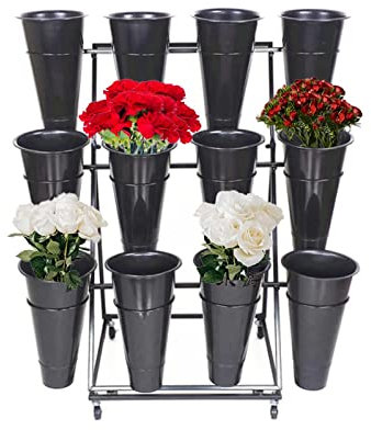 Présentoir de fleurs en métal avec roulettes à 3 niveaux Noir Pour intérieur ou extérieur Jardin Patio fleuriste