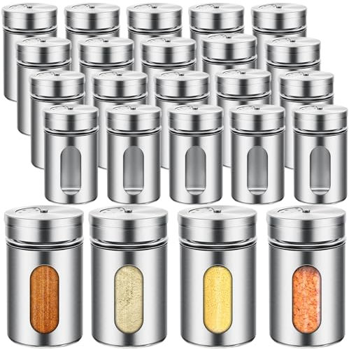 24 Pcs Salt and Pepper Shakers Set, Stainless Steel Seasoning Dispenser Bulk with Adjustable Pour Holes, Refillable Metal Spice Pot with Lid for Kitchen Restaurant Cooking BBQ Camping, 8cm*5cm