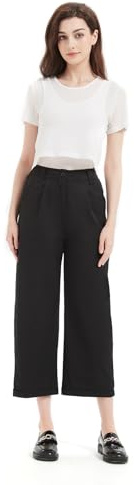 GLOWELFA Pantalon Femme Été Fluide Taille Haute – Coupe Large 7/8 Pantacourt Élastique au Dos, Léger et Confortable, Tissu Respirant et Extensible, Idéal Travail Bureau Vacances