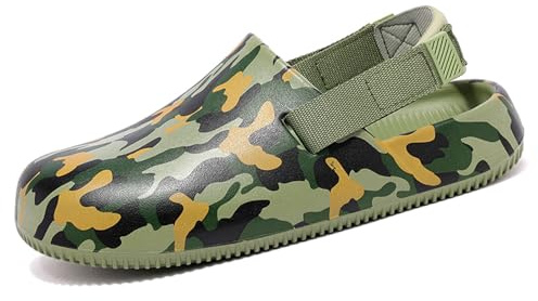 MEIAGDT Zoccolo da giardino per uomo e donna, con muli sportivi mimetici, sandali leggeri e antiscivolo, per casa, spiaggia, piscina e all'aperto, taglie 36-45, Verde Camouflage, 38/39 EU