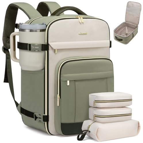LOVEVOOK Handbagage ryggsäck, reseryggsäck, laptopfack, vattentät (Ljusgrön-beige-olivgrön, 18 tum-50L-4 st)