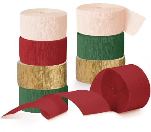 NICROHOME EUR Christmas Decorations, 8 Rolls Christmas Green Red Gold Crepe Paper Streamers for Xmas Birthday Party Wedding Baby Shower Party Decorations, 1.8 Inch x 82 Ft/Roll