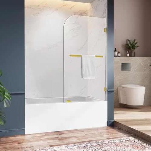 Bathtub Shower Door, 34 W X 58 H Fixed Bathtub Shower Glass Panel in Brushed Gold, 1/4(6mm) Clear Tempered Frameless Shower Glass Door, Tub Shower Panel with Clamps and Handle