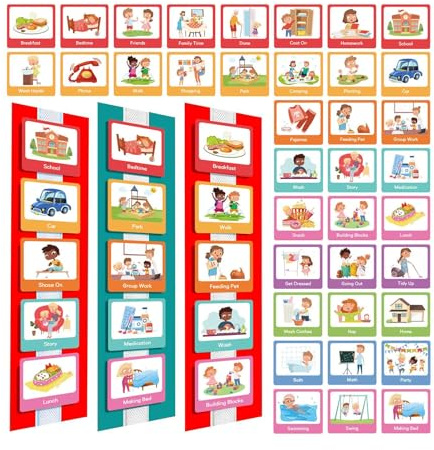 Calendrier Visuel pour Kids - Tableau de Routine Quotidienne | Emploi du Temps Visuel avec 60 Cartes | Outil de Planification Cultiver les Bonnes Habitudes à la Maison et à l'École, Aides Visuelles