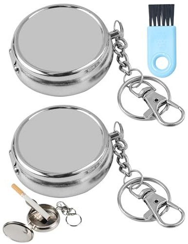 HUVZOR 2 Pezzi Portacenere Tascabile Compatto con Spazzolina, Portacenere da Viaggio in Acciaio Inox per Auto con Portachiavi, Argento per Campeggio ed Escursionismo​