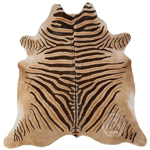 Sunshine Cowhides 100% Genuine Zebra Wild Print Black On Beige Cowhide Rug - Modern Style Animal Skin Rug & Floor Carpet for Living Room, Bedroom, Kitchen & More - Large (6x6-7ft)